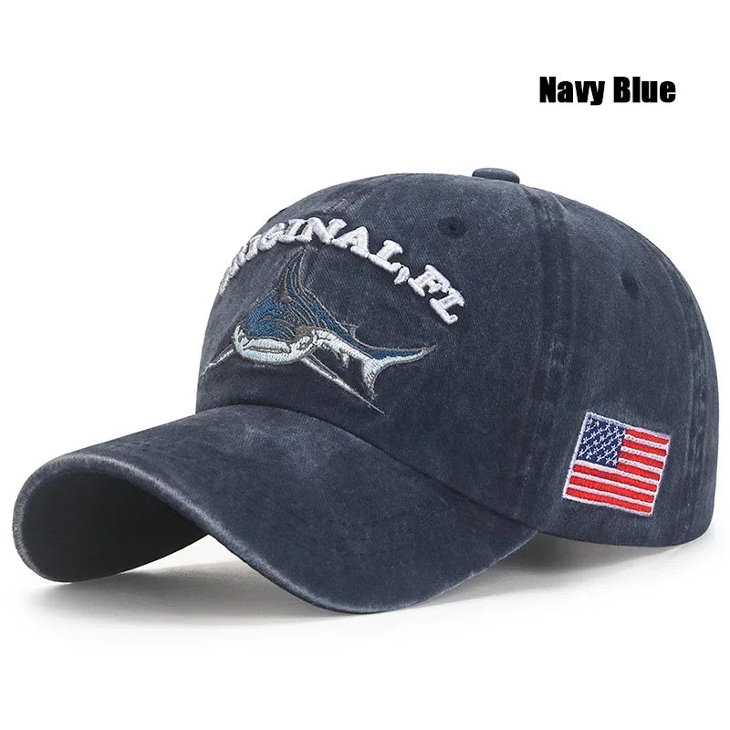 Popular Cartoon Washed Embroidered Shark Baseball Cap