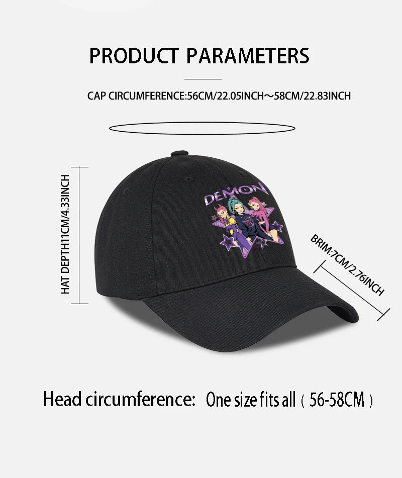 Demon Girl Group Cartoon Print Baseball Cap Men Women Y2K Streetwear Washed Cotton Adjustable Dad Hat Sun Hat