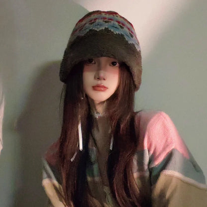 Women Retro Jacquard Knitted Bucket Hat