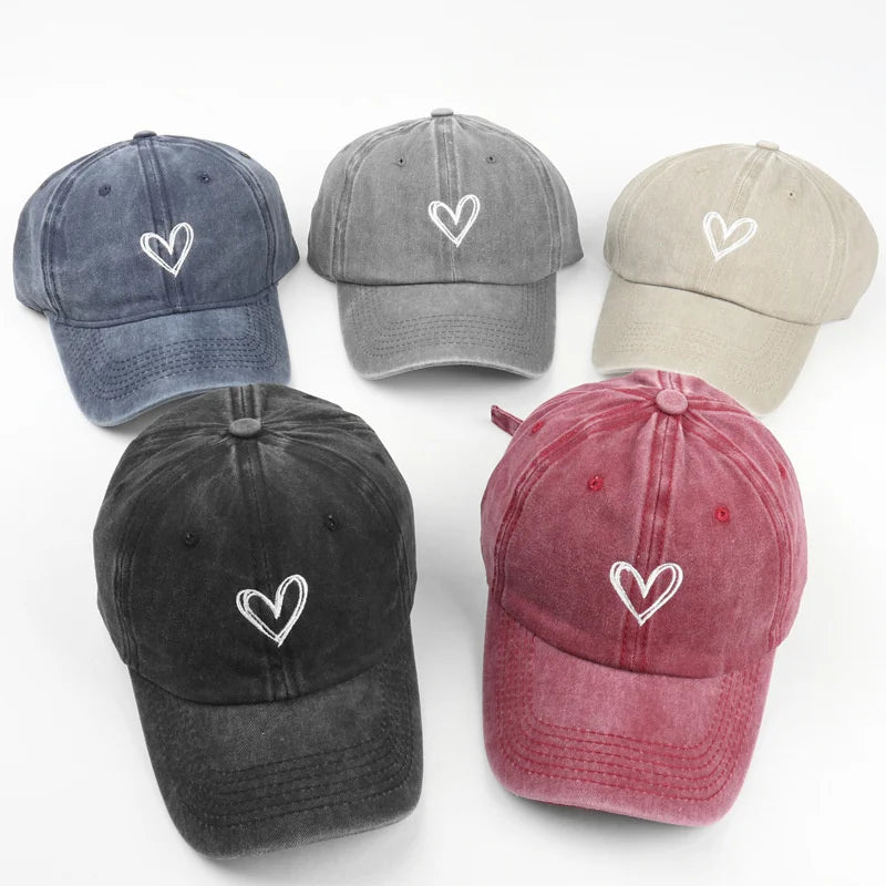 Summer Women Baseball Cap Peach Heart Embroidered Wash Denim
