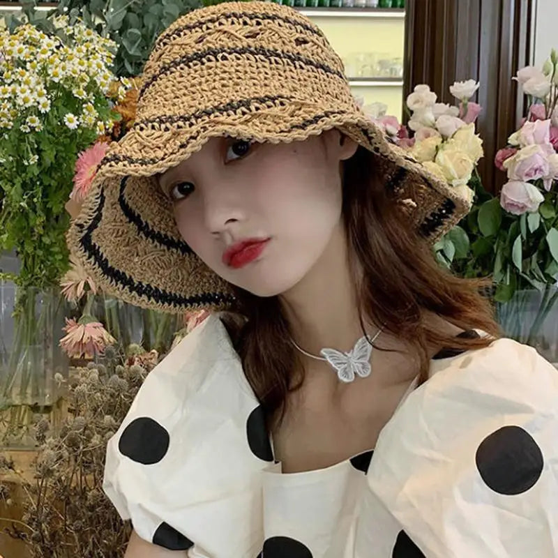 Striped Geometric Straw Bucket Hat