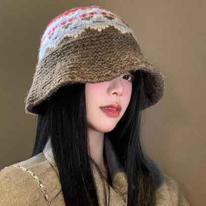 Women Retro Jacquard Knitted Bucket Hat