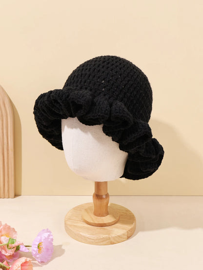 Women Vintage Crochet Black Ruffled Bucket Hat
