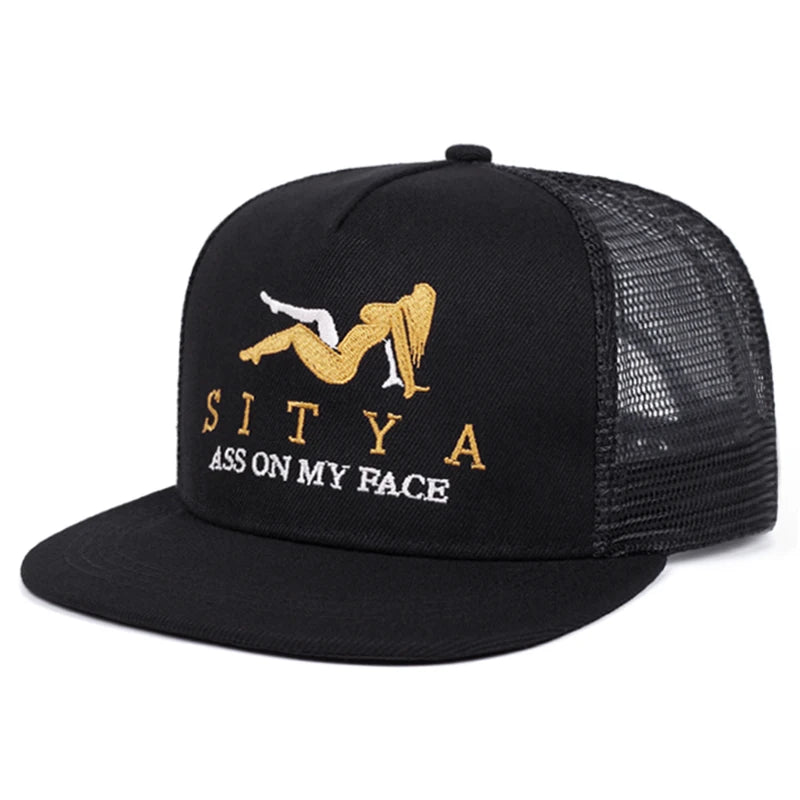 Unisex Flat Brim Letter Embroidered Mesh Snapback Cap