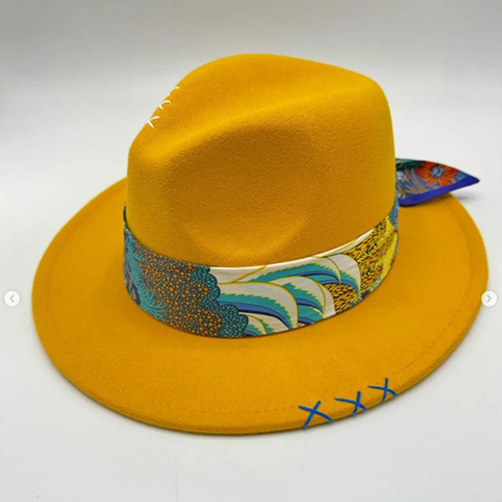 Suede Fedora Painting Felt Hats For Men And Women, Hand Sewn Fedora Adjustable Fall Winter Fashion Party Hats And Gifts Size 56-58CM