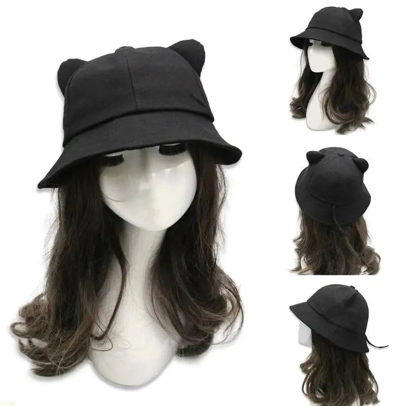 15Yc Lovely Fisherman Hat Cats Ear Tail Bucket Hats