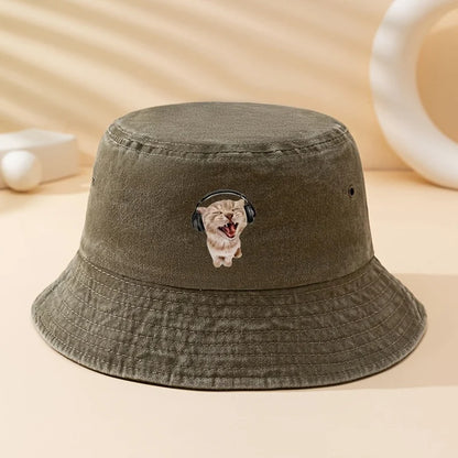 Earphone Cat Print Bucket Hat