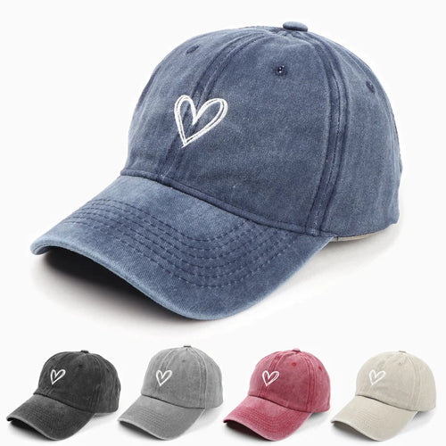 Summer Women Baseball Cap Peach Heart Embroidered Wash Denim