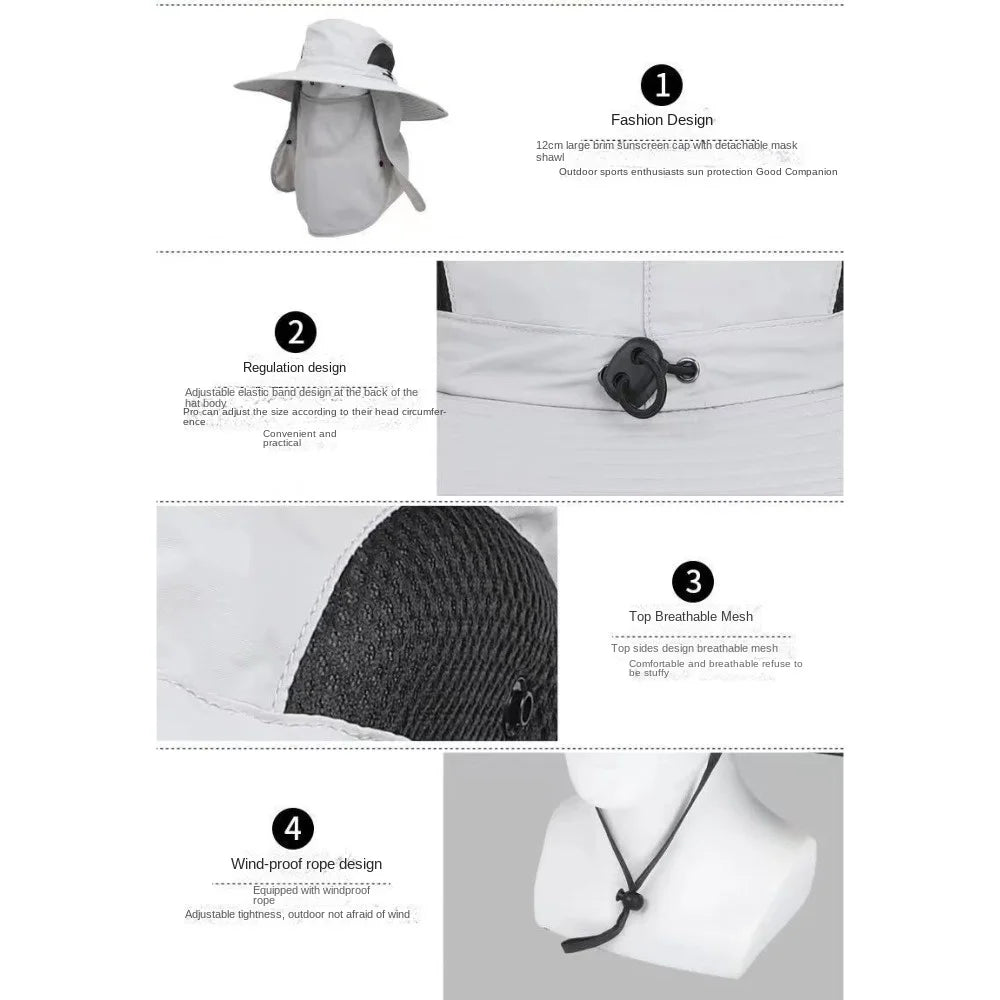 Adjustable Wide Brim UV Protection Bucket Hat With Face Mask