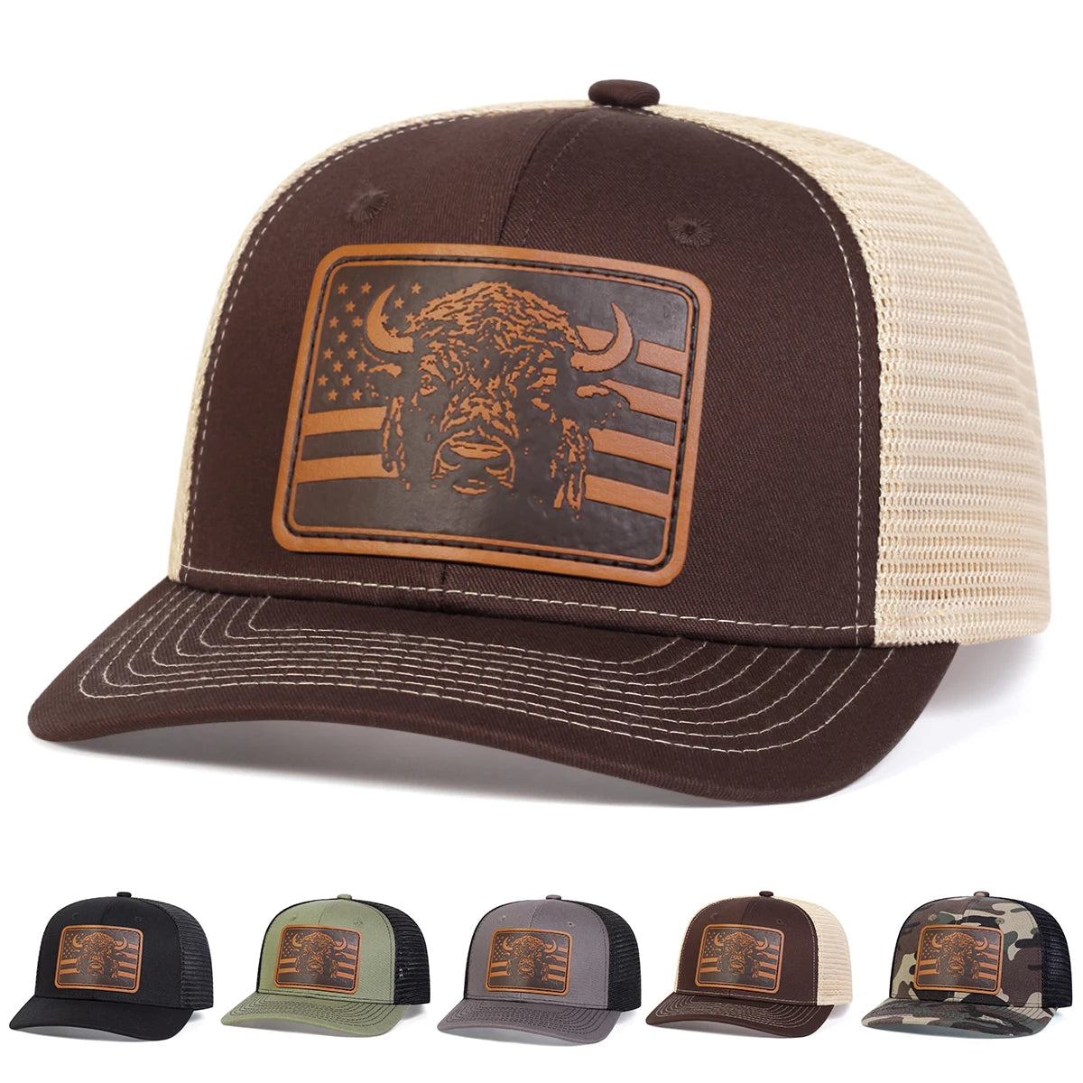 Brown Bull Head Leather Patch Adjustable Snapback Cap