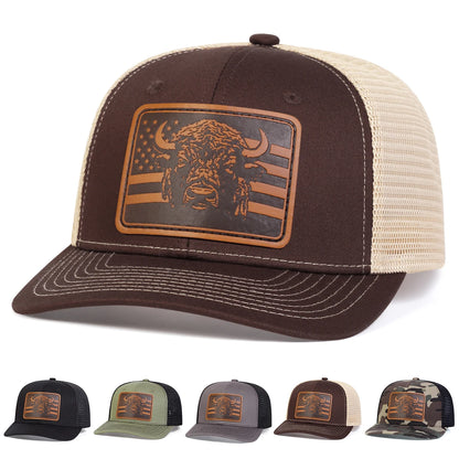 Brown Bull Head Leather Patch Adjustable Snapback Cap