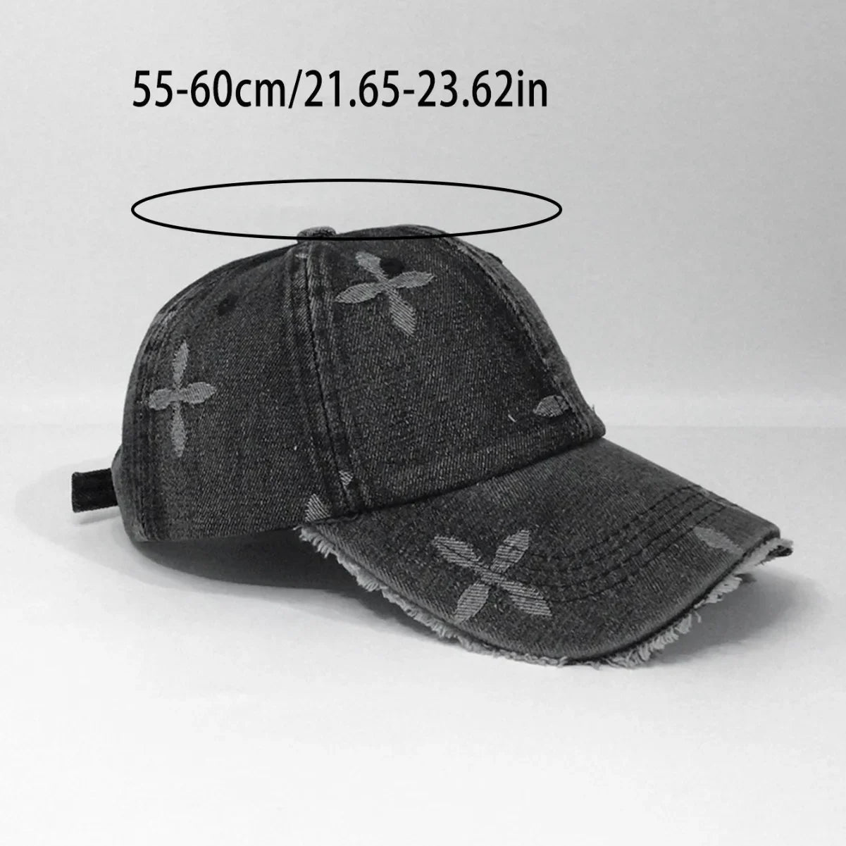 Cross Denim Baseball Cap With Jacquard Fringe, Vintage Distressed, Cropped Edge Cap For Men & Women