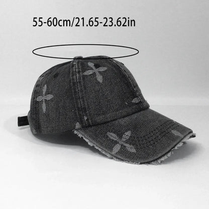 Cross Denim Baseball Cap With Jacquard Fringe, Vintage Distressed, Cropped Edge Cap For Men & Women