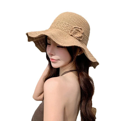 Women Elegant Flower Knitted Wide Brim Bucket Hat