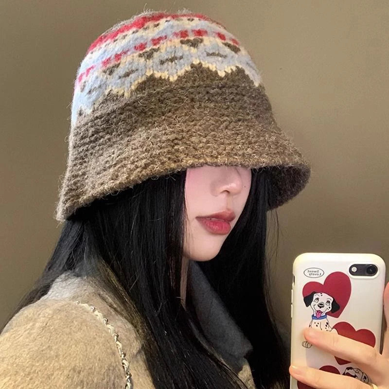 Women Retro Jacquard Knitted Bucket Hat