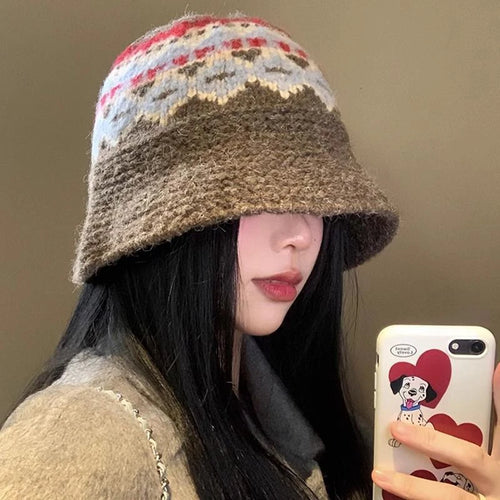 Women Retro Jacquard Knitted Bucket Hat