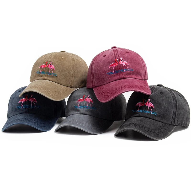 Flamingo Embroidered Washed Cotton Baseball Cap