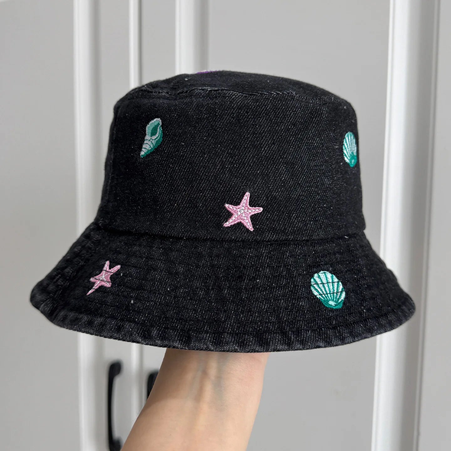 Sea Shell Embroidered Denim Bucket Hat