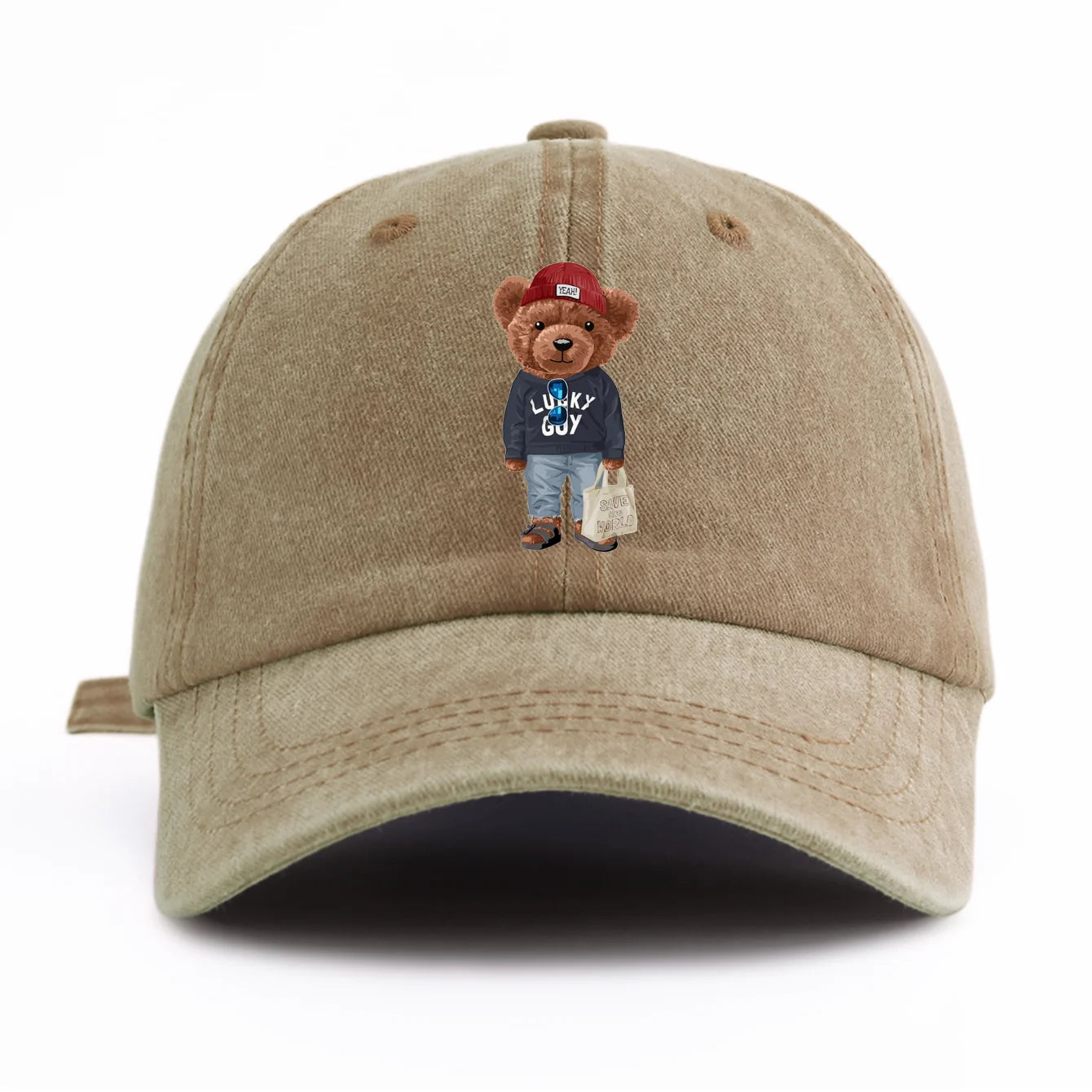 1pc Tote Bag Bear Print Washed Baseball Cap For Adults Minimalist Retro Style Casual Soft Adjustable Dad Hat Perfect As Gift