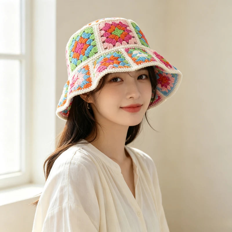 Color Patchwork Crochet Fashion Bucket Hat