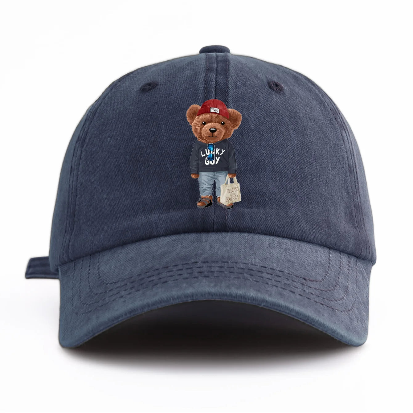 1pc Tote Bag Bear Print Washed Baseball Cap For Adults Minimalist Retro Style Casual Soft Adjustable Dad Hat Perfect As Gift