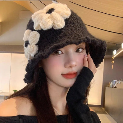 Women Black Flower Knitted Bucket Hat