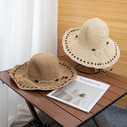 1pc French Retro Black Beaded Design Straw Bucket Hats