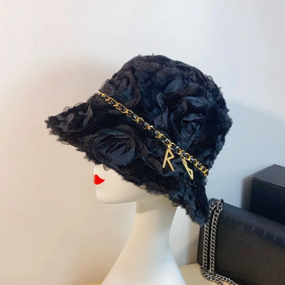Women Lamb Fleece Rose Fisherman Bucket Hat
