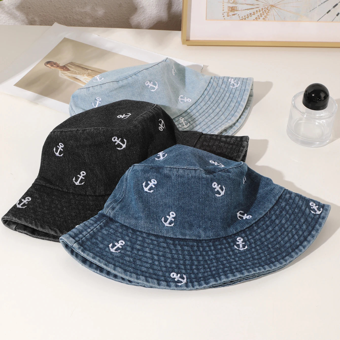 Washed Denim Anchor Bucket Hat