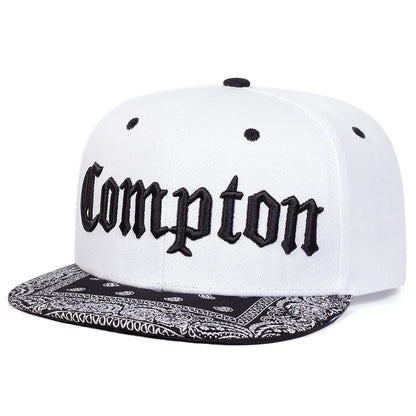 Compton Letter Embroidered Flat Brim Snapback Cap