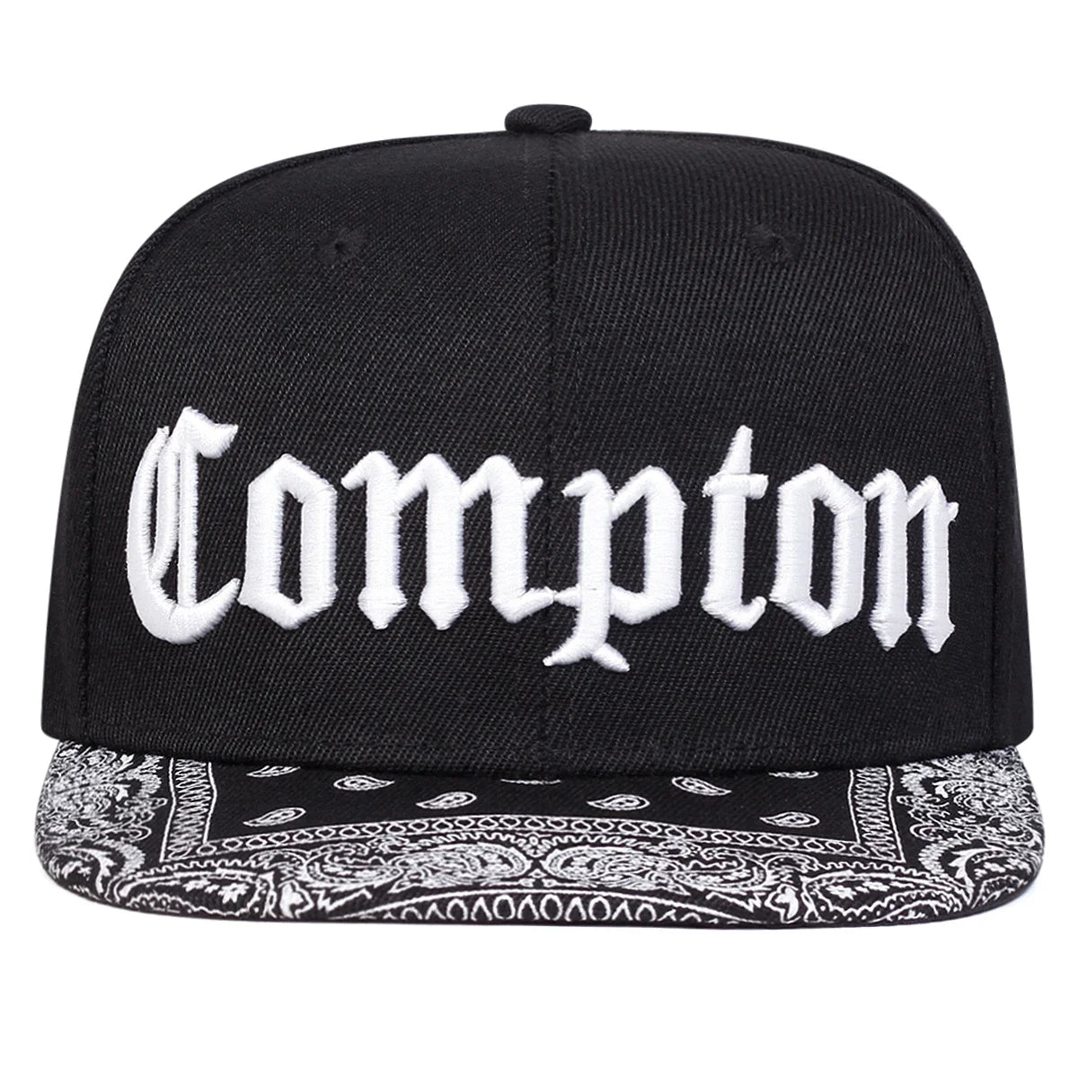 Compton Letter Embroidered Flat Brim Snapback Cap