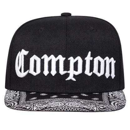 Compton Letter Embroidered Flat Brim Snapback Cap