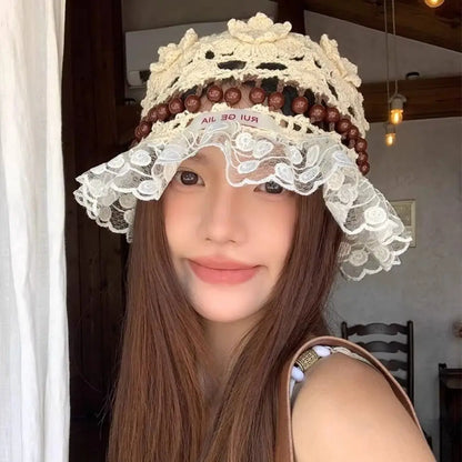 Retro Beaded Crochet Ruffle Bucket Hat