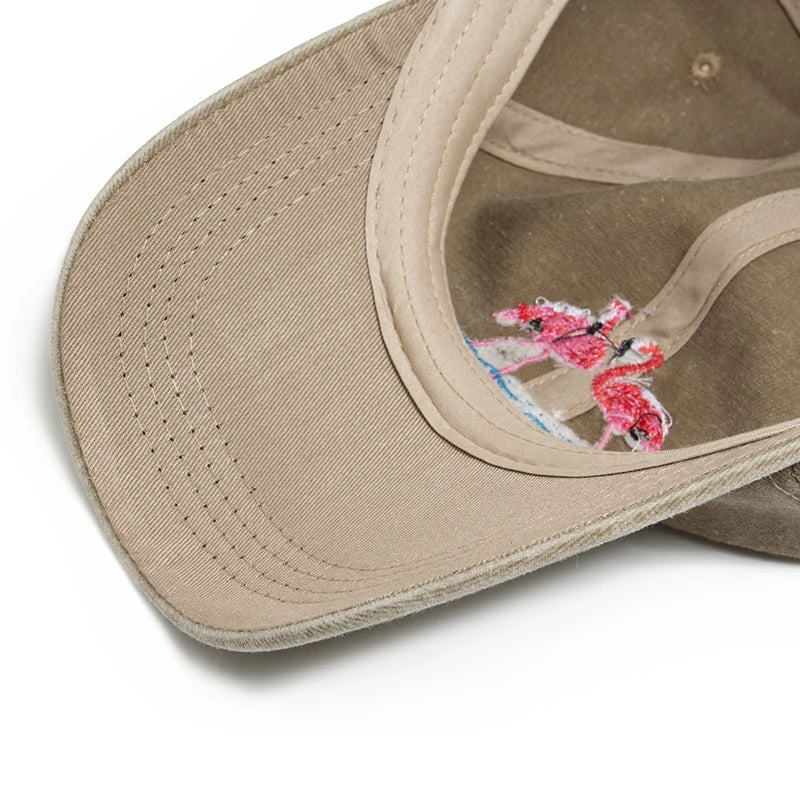 Flamingo Embroidered Washed Cotton Baseball Cap