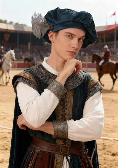 Quality Medieval Unisex Beret Hat With Feather Suede Tudor Hat