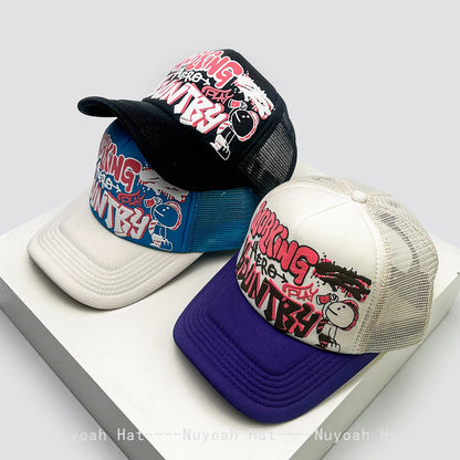 Cartoon Graffiti Printed Colorblock Mesh Snapback Cap