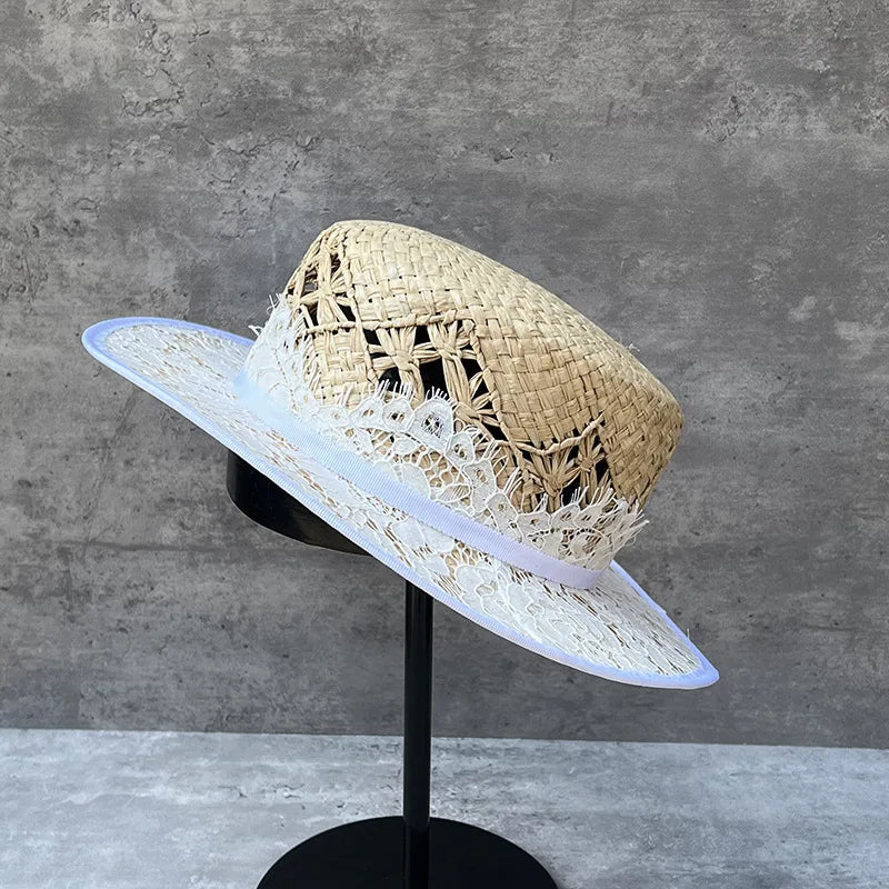 Woven Raffia Flat Top Hat Travel Sun Protection Shade Straw Hats Size 56-58cm