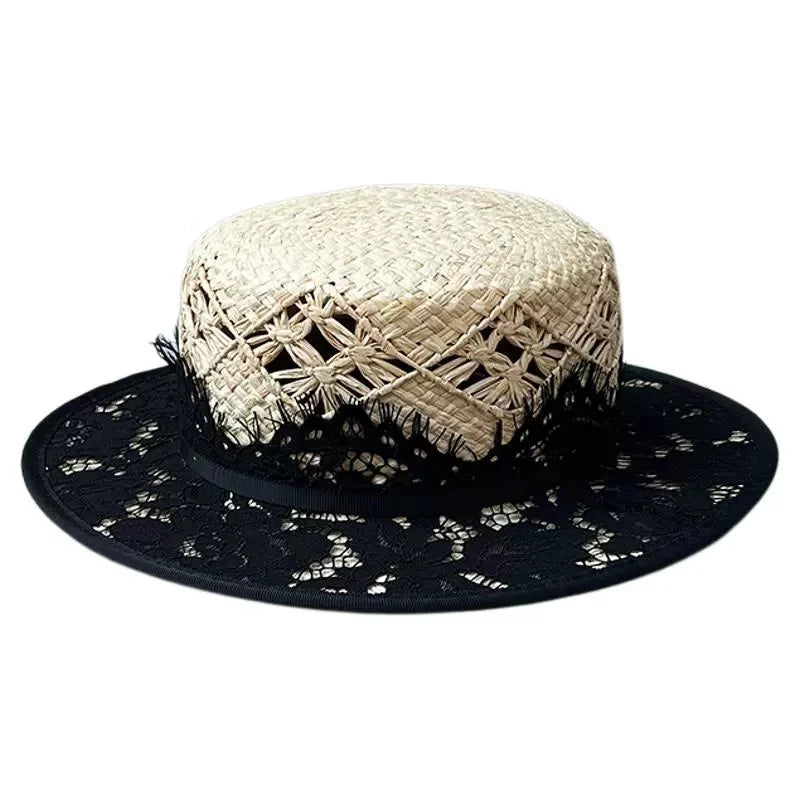 Woven Raffia Flat Top Hat Travel Sun Protection Shade Straw Hats Size 56-58cm