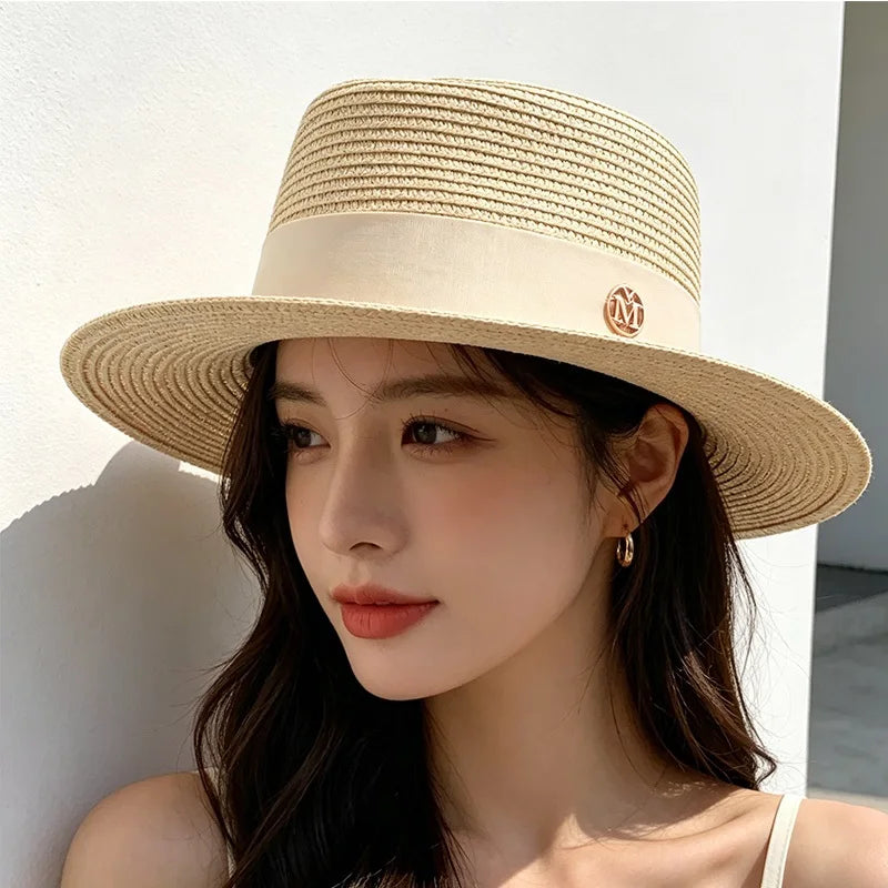 Ribbon Women's Beach Hat Summer Straw Sun Hats Size 56-58cm