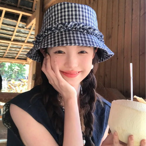 Women Plaid Lace Wide Brim Bucket Hat