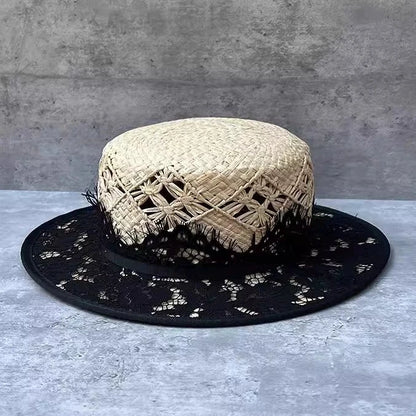 Woven Raffia Flat Top Hat Travel Sun Protection Shade Straw Hats Size 56-58cm