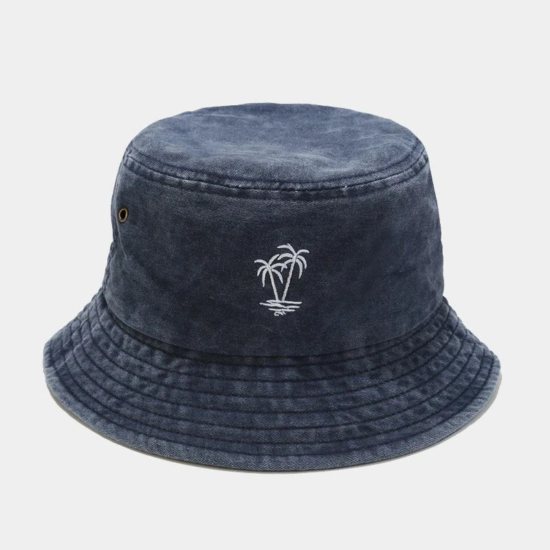 Palm Tree Embroidered Washed Bucket Hat