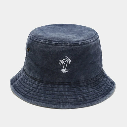 Palm Tree Embroidered Washed Bucket Hat