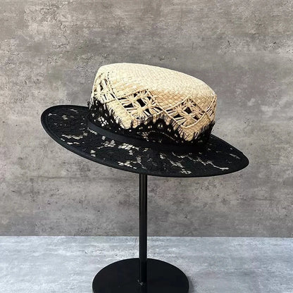 Woven Raffia Flat Top Hat Travel Sun Protection Shade Straw Hats Size 56-58cm