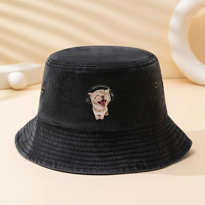 Earphone Cat Print Bucket Hat