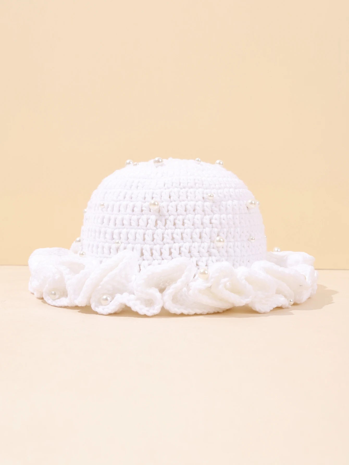 Women Vintage Pearl Crochet Ruffled Bucket Hat