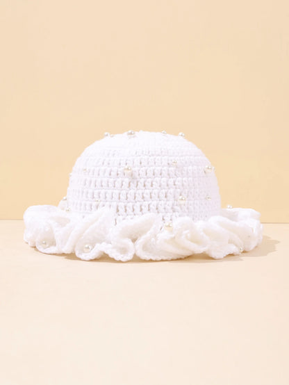 Women Vintage Pearl Crochet Ruffled Bucket Hat