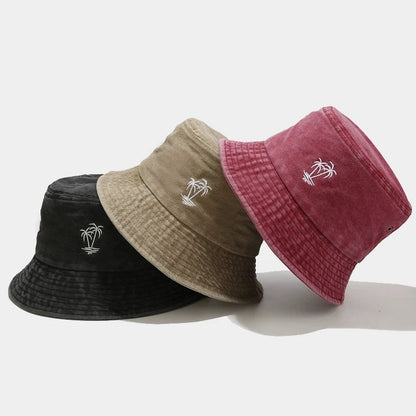 Palm Tree Embroidered Washed Bucket Hat