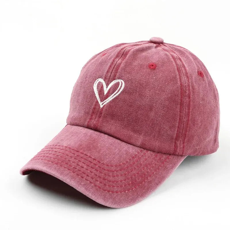 Peach Heart Embroidered Denim Baseball Cap