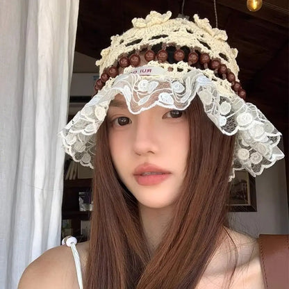 Retro Beaded Crochet Ruffle Bucket Hat